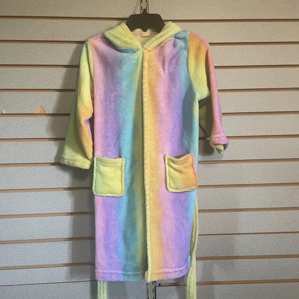 Rainbow Unicorn Kids Bath Robe Hooded Costume Cosplay Plush Colorful 6-7Y